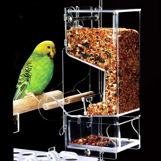 Bird Feeder for Cage Seed Food Container Acrylic Clean with Perch Parrot Feeder for Cockatiel Cockatoo Lovebirds Budgie