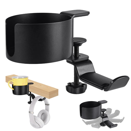 Desk Cup Holder 2 in 1 Desk Cup Holder with Headphone Hanger Adjustable Clamp Headset Hook Bottle Holder 360 Rotation
