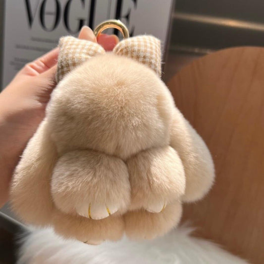 Cute Real Rex Rabbit Fur Bow Bunny Car Keychain Pendant ins Plush Doll School Bag Ornaments For Gifts