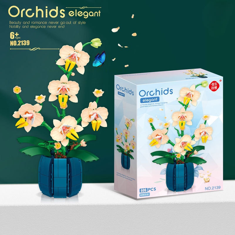 2139 Building Block Toy Flower Fragrant Golden Orchid Mini Orchid Potted Model, Children's Puzzle Puzzle Assembly Toy New Year and Spring Festival gifts