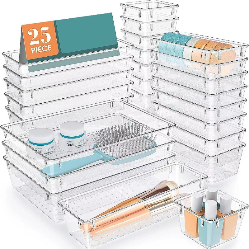 25-Piece Clear Drawer Organizer Set for Skin Care and Makeup - Large Capacity, Multifunctional Organizer