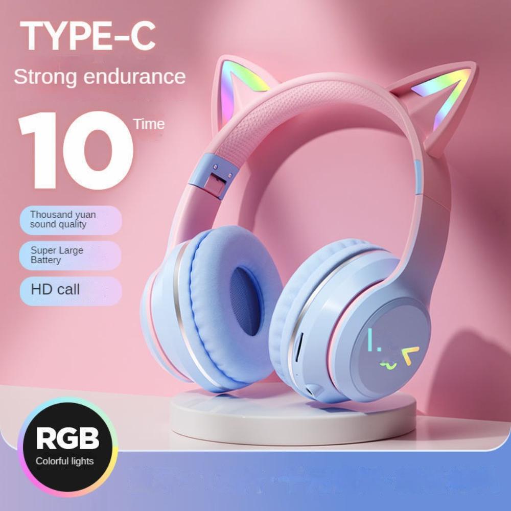 Cat's Ears Headset RGB Light Smile Face TWS Headset Gradient New Headphone Pink Little Girl Earphone