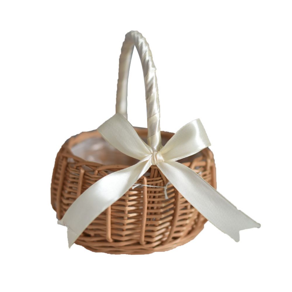 Flower Girl Bowknot Basket Bridal Portable Handmade Woven Baskets Home Decorations for Wedding Party