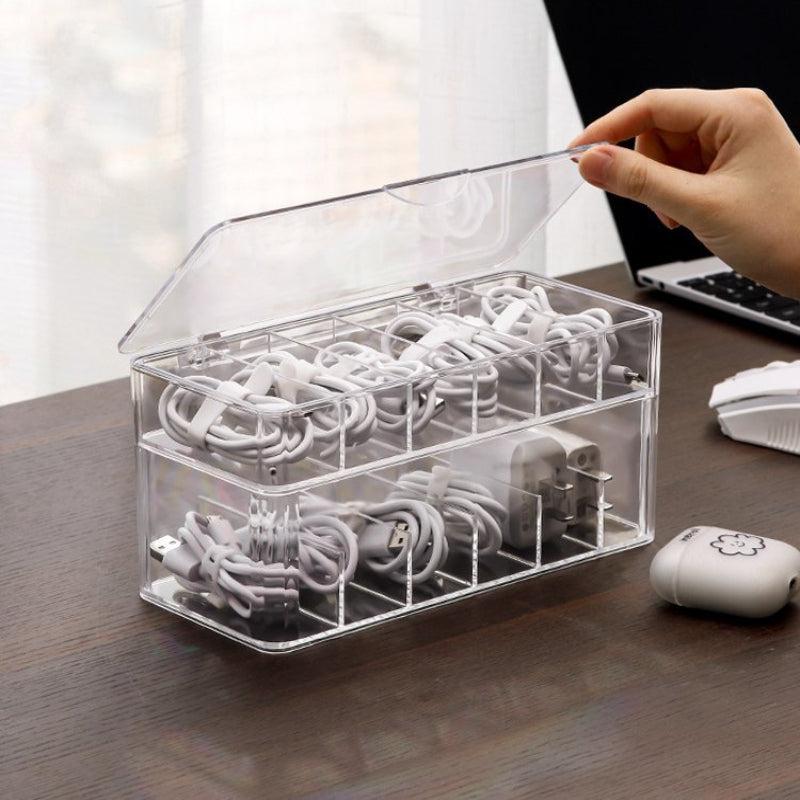 Desktop Double Layer Cable Organizer Data Charging Cable Earphone Storage Box Transparent Multifunctional Drawer Cable Storage Box