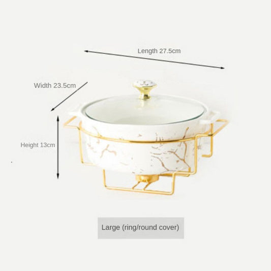 Marble Gold Pattern Nordic Double Ear Ceramic Pot Household Soup Dry Bowl Tableware Creative Casserole Rack With Candle
