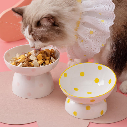 Neck Protection Pet Bowl Hepburn Style Polka Dot Cat Bowl Ceramic High-Foot Spine Protection Pet Bowl Oblique Cat Bowl