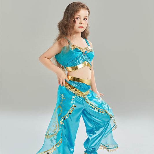 Kids Aladdin Costume Princess Jasmine Outfit Girls Sequin Party Fancy Dress Cosplay Children Clothes Party Occasions