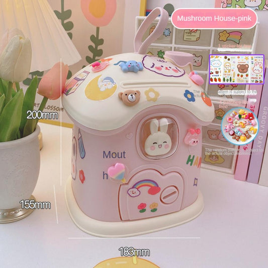 Cute Mushroom Piggy Bank Cartoon House With Lock Coin Banks Large Capacity Storage Box Save Money Box Organizers Gift