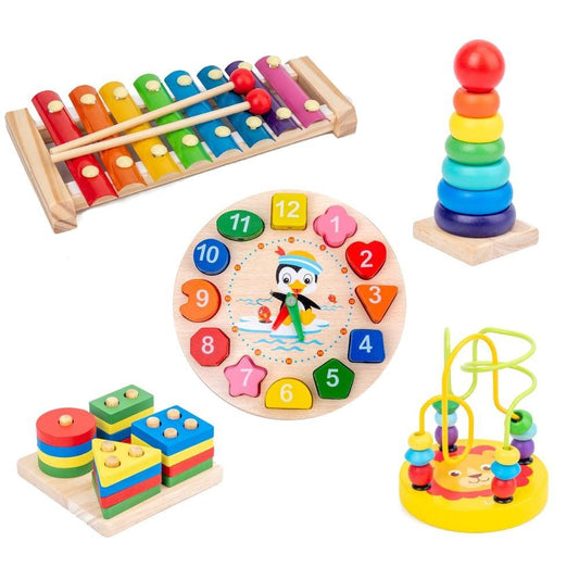 [5 IN 1 Set] Baby Early education toys Kids Children Wooden Toys Ring Tower Wooden musical instrument