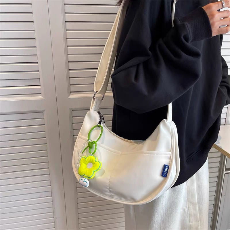 New Nylon Zipper Small Tote Dumpling Bag Student Literary One-shoulder Messenger Pocket Bag Flower Badge Not Included