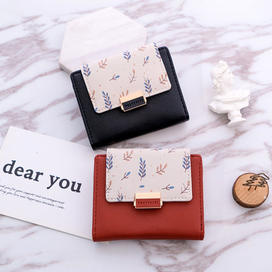 Fashion Women Wallet Small Short Fold Purse Printing Contrast color Female Coin Purse Pocket Palm Size Compact Tri-Fold