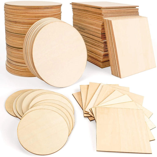 50Pcs Wood Slices 4X4Inch Unfinished Wood Pieces Square and Round Wooden for DIY Coaster Arts Painting Staining Crafts