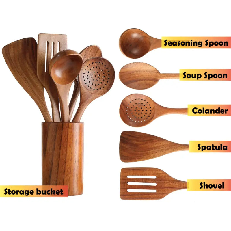 6-Piece Teak Wood Kitchen Utensil Set – Wooden Spatula & Cooking Tools, Durable Natural Cooking Utensils for Kitchen Use
