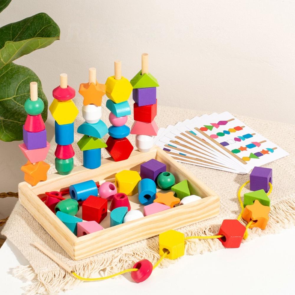 Montessori Toys Bead Sequencing Set, Treeyear Wooden Lacing Beads & Matching Shapes Colors Stacking Toy, Toddlers