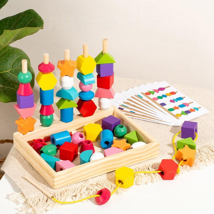 Montessori Toys Bead Sequencing Set, Treeyear Wooden Lacing Beads & Matching Shapes Colors Stacking Toy, Toddlers