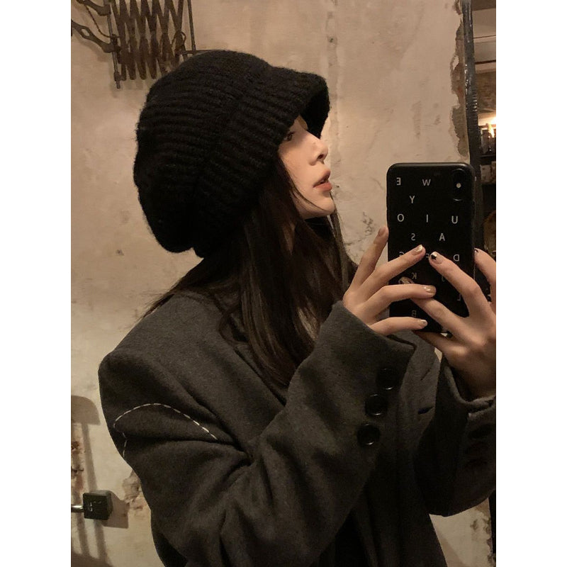 Japanese Style Large Version Three-in-One Big Head Circumference Bucket Hat Beret Women Autumn Winter Knitted Wool Hat