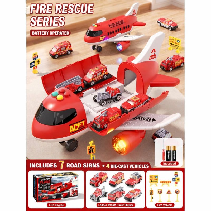 2-in-1 Large Cargo Airplane Toy Transporter with 4 Mini Cars & Road Signs, Educational Vehicle Playset for Kids, Interactive Learning Gift for Boys & Girls