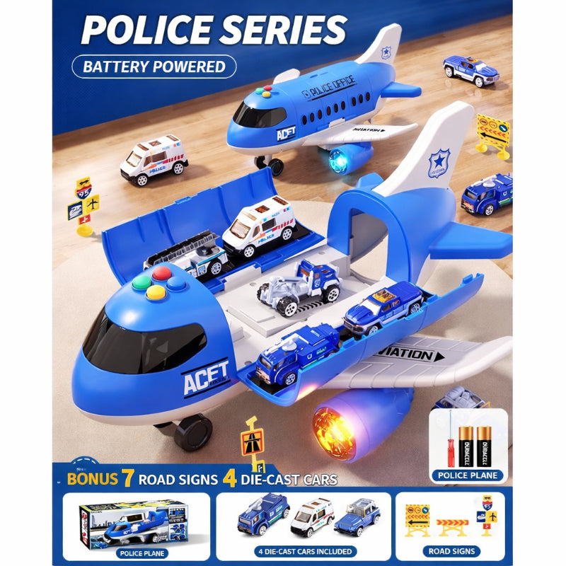 2-in-1 Large Cargo Airplane Toy Transporter with 4 Mini Cars & Road Signs, Educational Vehicle Playset for Kids, Interactive Learning Gift for Boys & Girls