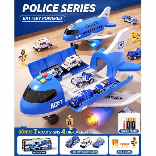 2-in-1 Large Cargo Airplane Toy Transporter with 4 Mini Cars & Road Signs, Educational Vehicle Playset for Kids, Interactive Learning Gift for Boys & Girls