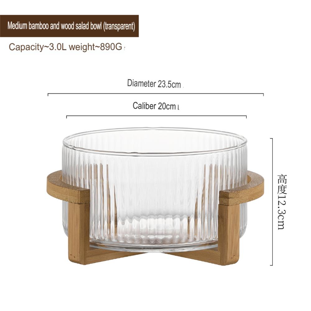 1Pc Ribbed Glass Salad Bowl with Wooden Stand，Mixing Bowl for Serving Salad, Fruits, Pasta & Desserts，Elegant Glass