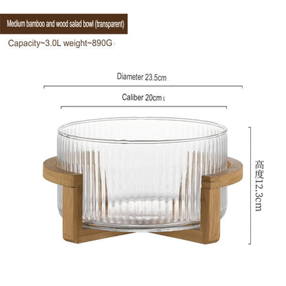 1Pc Ribbed Glass Salad Bowl with Wooden Stand，Mixing Bowl for Serving Salad, Fruits, Pasta & Desserts，Elegant Glass