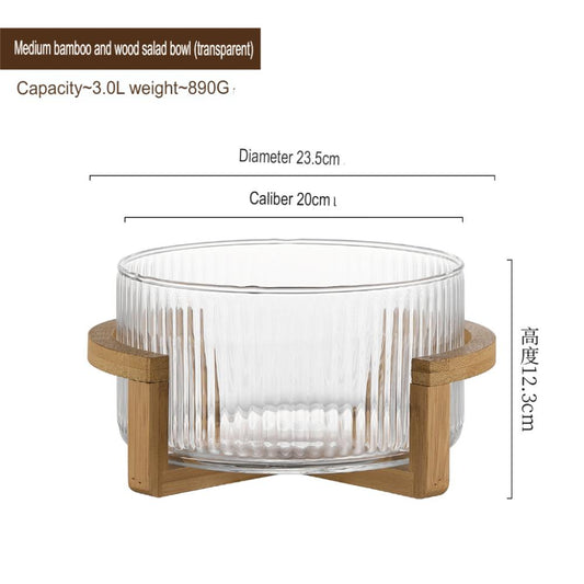 1Pc Ribbed Glass Salad Bowl with Wooden Stand，Mixing Bowl for Serving Salad, Fruits, Pasta & Desserts，Elegant Glass