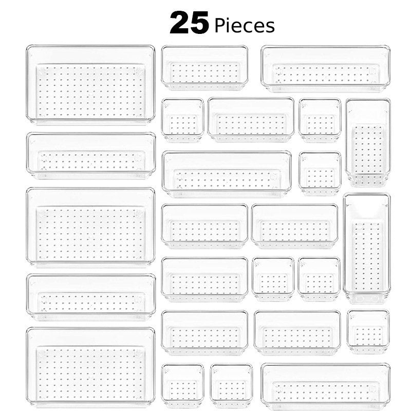 25-Piece Clear Drawer Organizer Set for Skin Care and Makeup - Large Capacity, Multifunctional Organizer