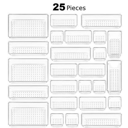 25-Piece Clear Drawer Organizer Set for Skin Care and Makeup - Large Capacity, Multifunctional Organizer