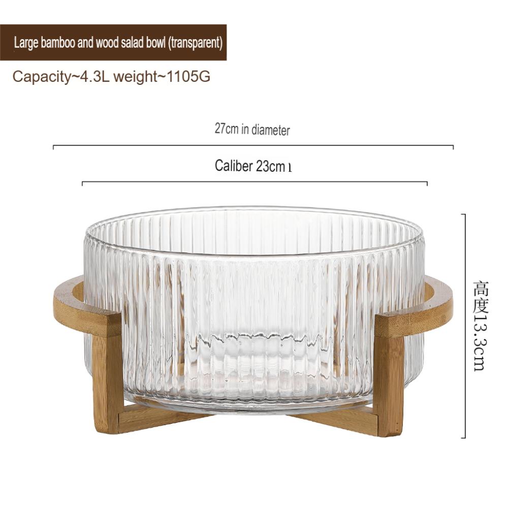 1Pc Ribbed Glass Salad Bowl with Wooden Stand，Mixing Bowl for Serving Salad, Fruits, Pasta & Desserts，Elegant Glass
