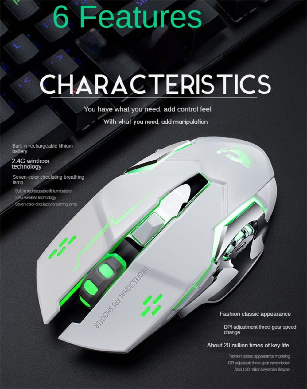 2.4GHz Wireless Gaming Mouse Optical Rechargeable Gaming Mice Silent LED Backlit Ergonomics E-Sport Wireless Mouse