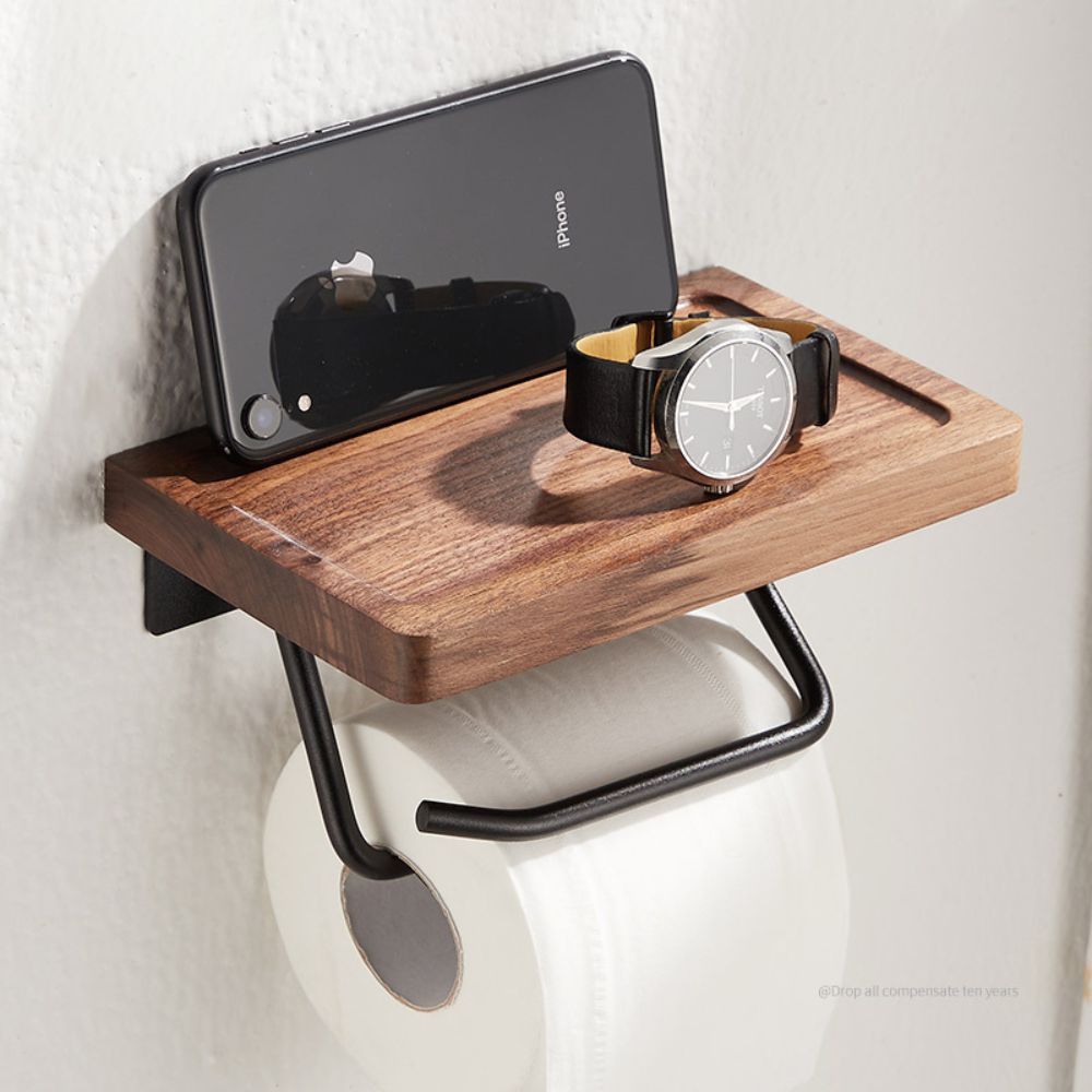 Toilet Paper Holder Bathroom Rack Black Walnut Punch-free Multifunction Wall-mounted Bathroom Rack Organizer