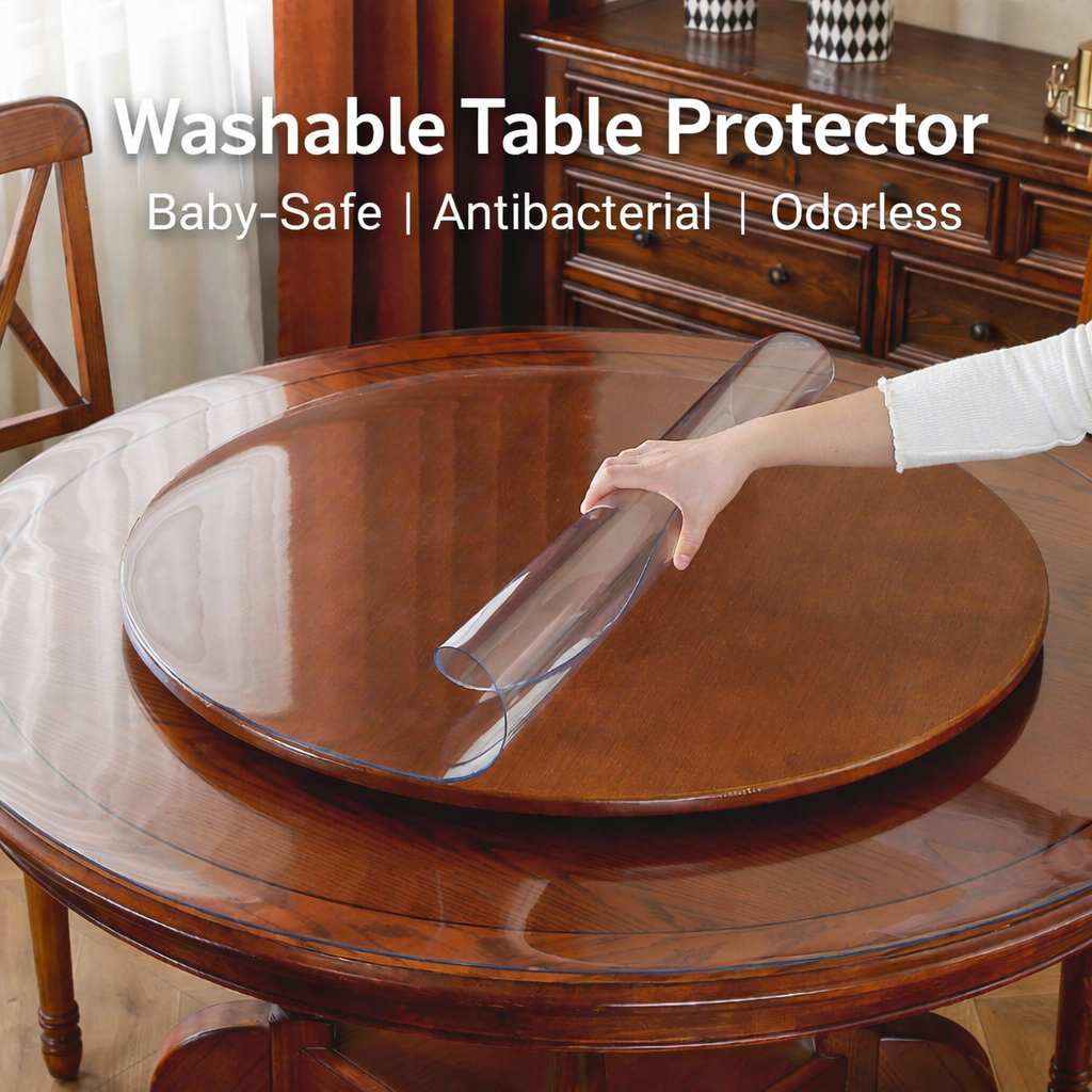 Transparent Round Table Cover PVC Waterproof Table Protector Clear Plastic Round Table Mat Anti-Slip Heat Resistant Desk Cover for Dining Table