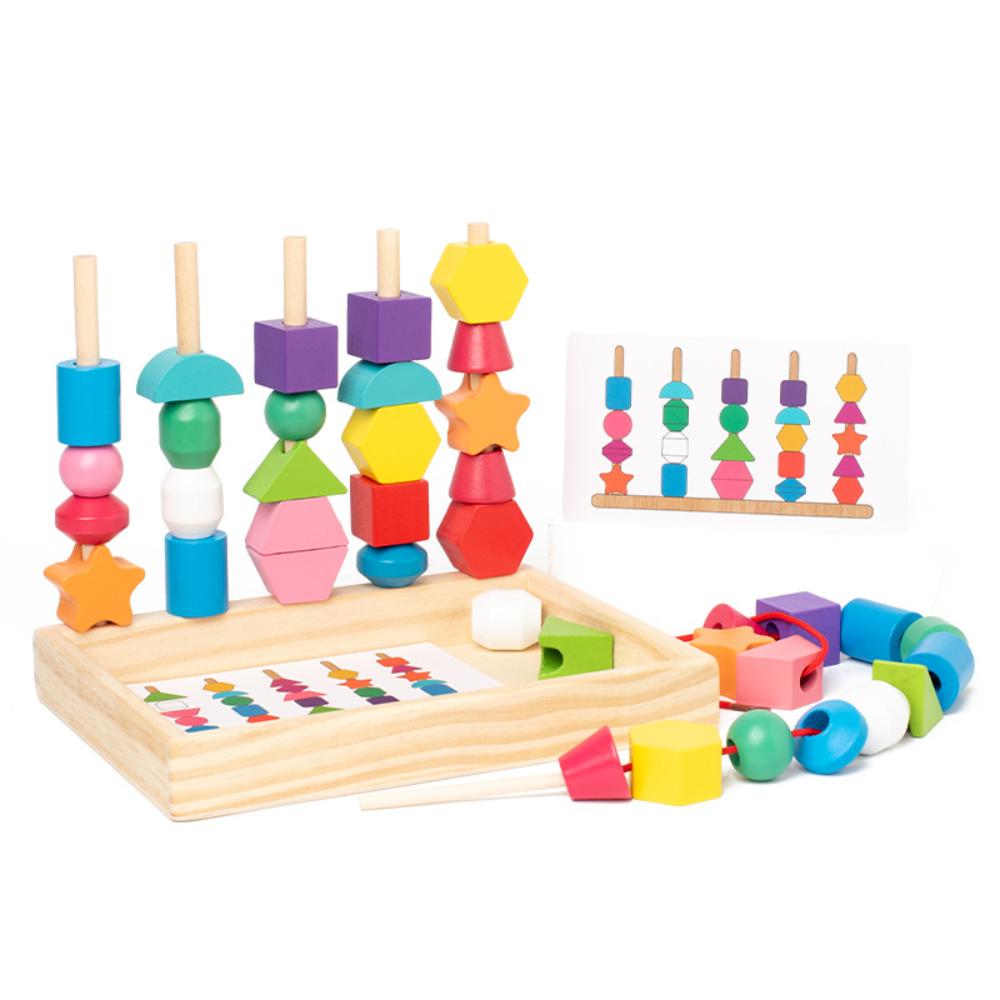 Montessori Toys Bead Sequencing Set, Treeyear Wooden Lacing Beads & Matching Shapes Colors Stacking Toy, Toddlers