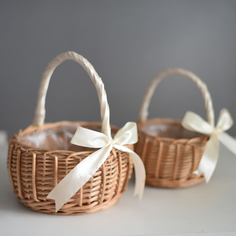 Flower Girl Bowknot Basket Bridal Portable Handmade Woven Baskets Home Decorations for Wedding Party