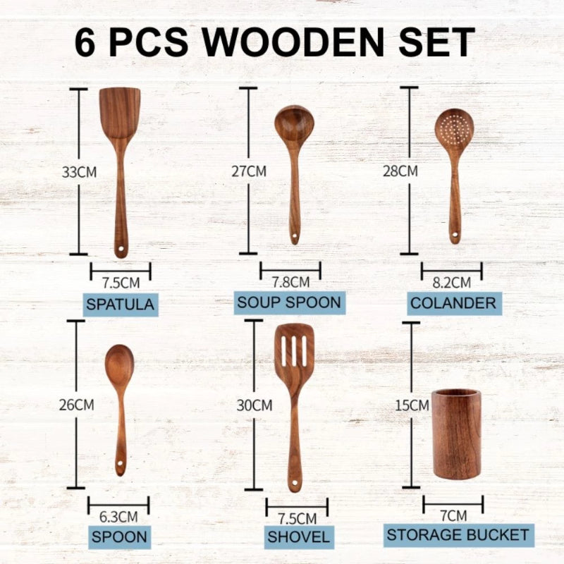6-Piece Teak Wood Kitchen Utensil Set – Wooden Spatula & Cooking Tools, Durable Natural Cooking Utensils for Kitchen Use