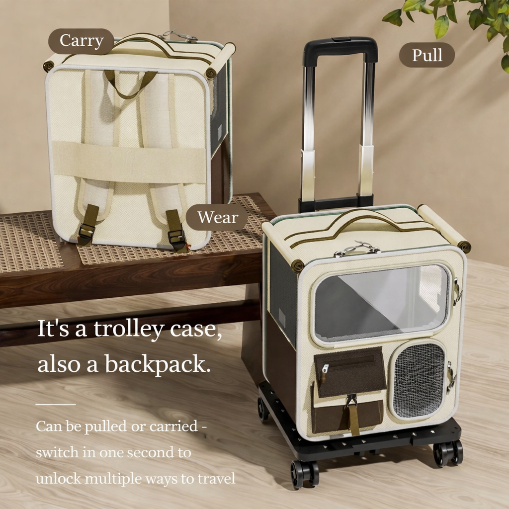 Large Capacity Cat Carrier for Multiple Cats - Multi-Functional Wheeled Trolley & Transparent Backpack Portable for Outdoor Travel