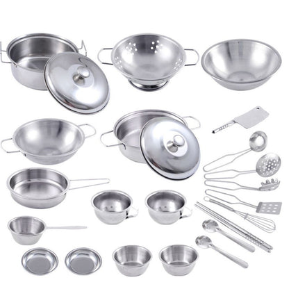 25PCS Pretend Play Kitchen Toys Cooking Tool Stainless Steel Kitchen Set Kitchen Accessories Toy for Kids Girls Boys