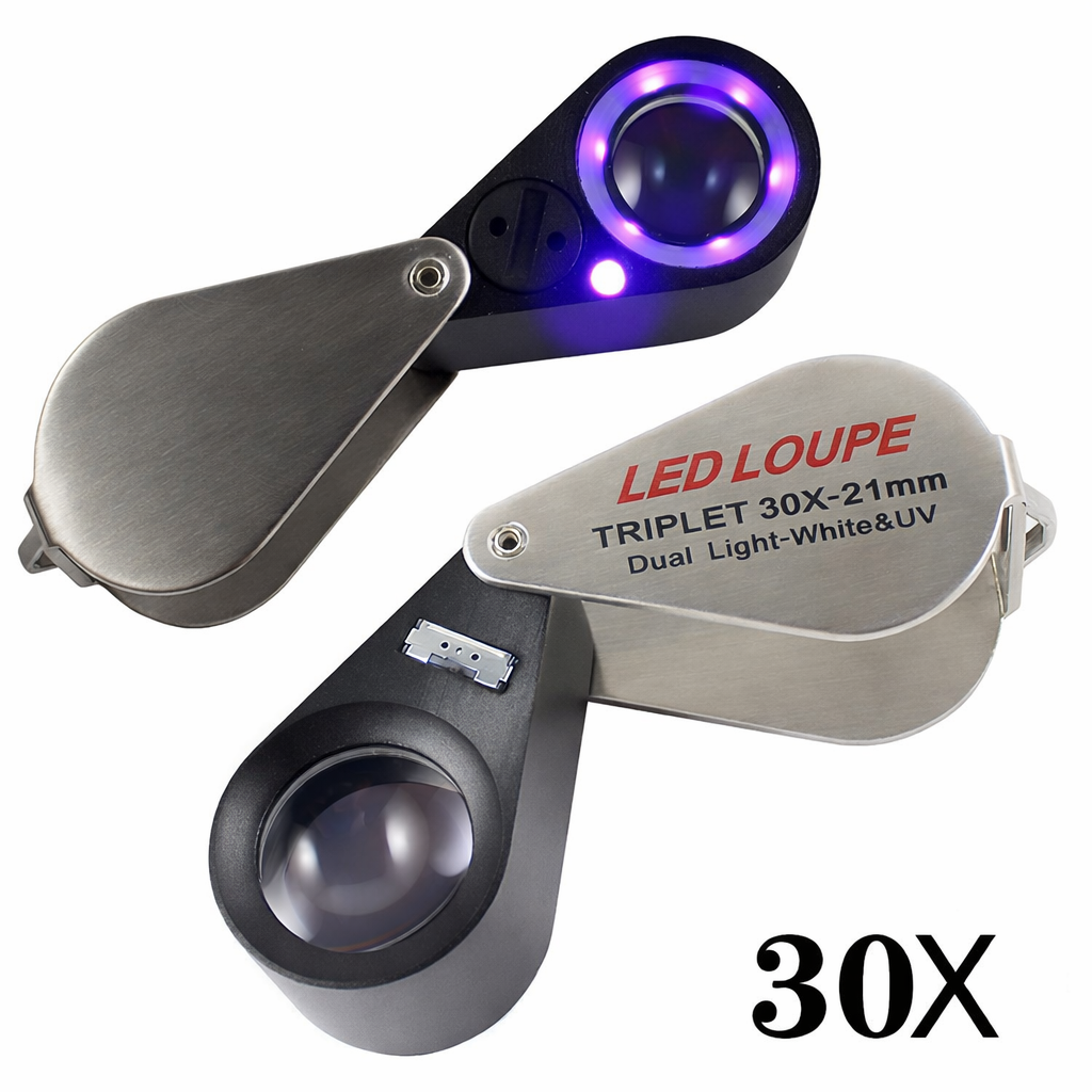 30X Folding Loupe Magnifier Jewelry Magnifying Glass Triplet Lens Optical Glass Illuminated Magnifier with 6 LED 7 UV Lights