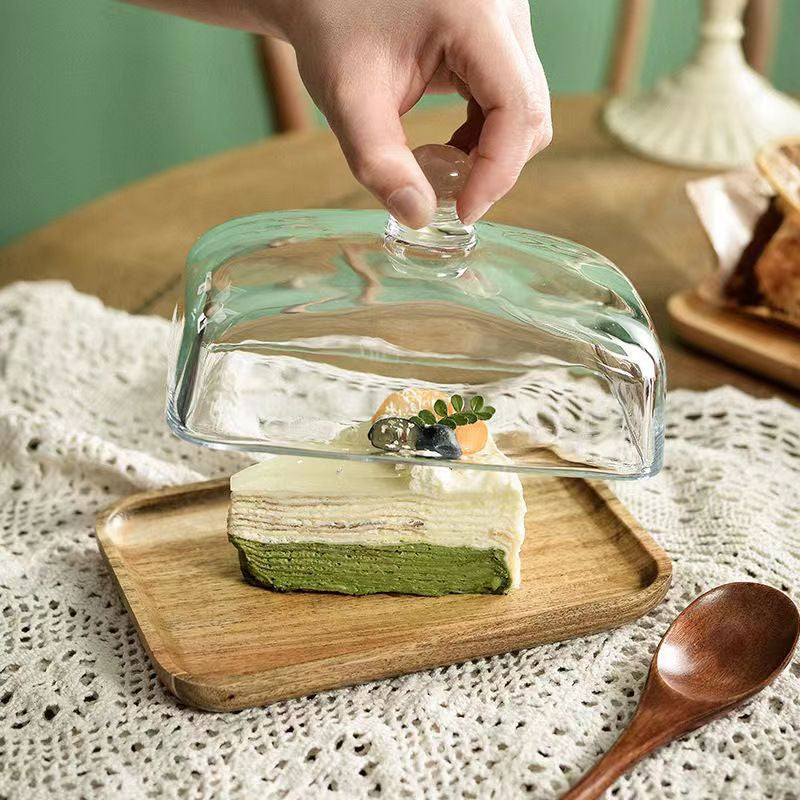 Cake Stand with Glass Cover Dust Display Holder Multifunctional Fruit Plate Transparent Wood Serving Tray for Pastries