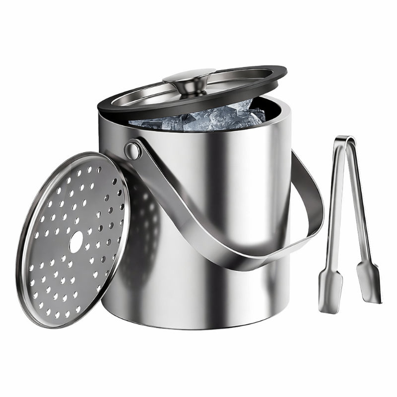 3.0L Stainless Steel Ice Bucket with Lid, Strainer & Tong – Double Wall Insulated Ice Container for Wine, Beer, Parties & Bar Use