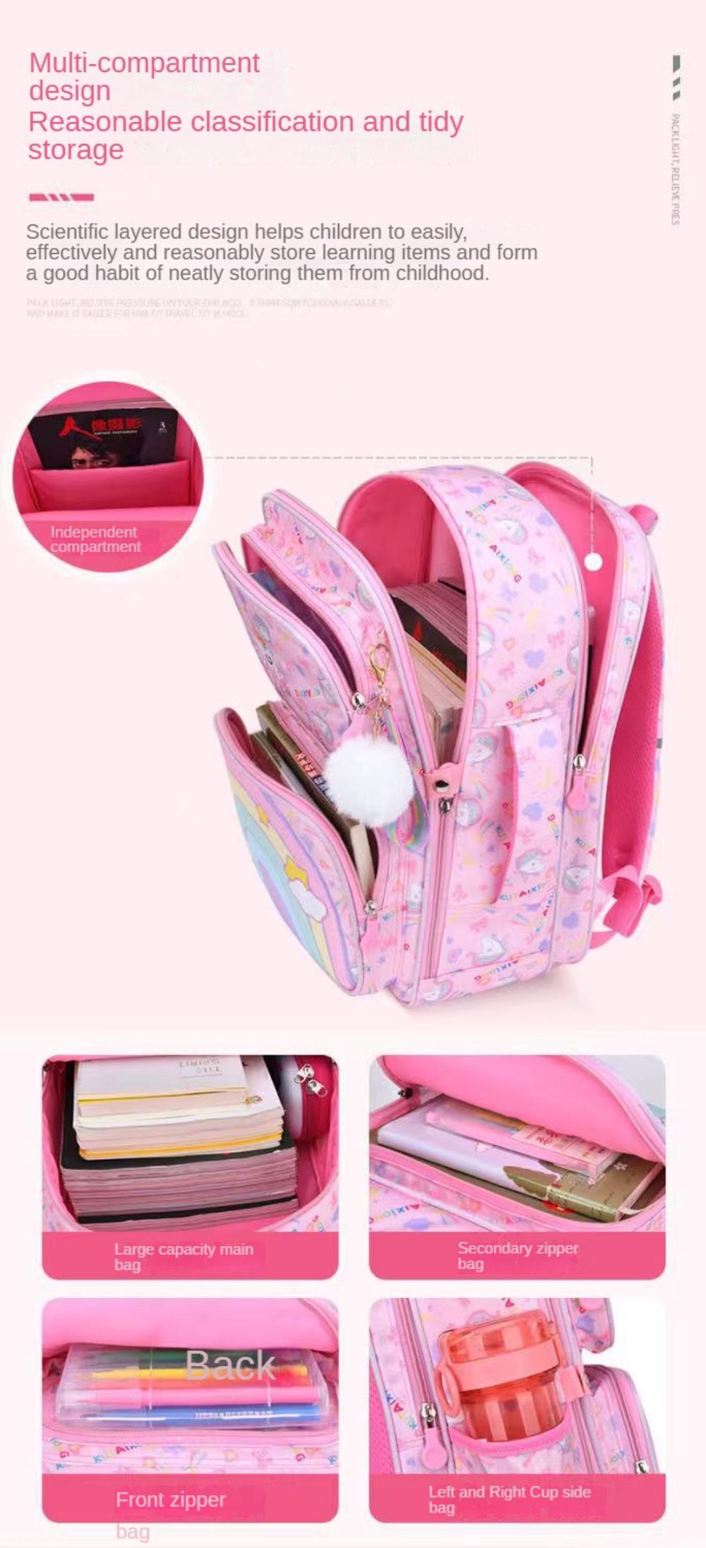 Children's Schoolbag Girls 1-6 Grade Pink Rainbow Backpack Cute Waterproof Elementary School Students Backpack