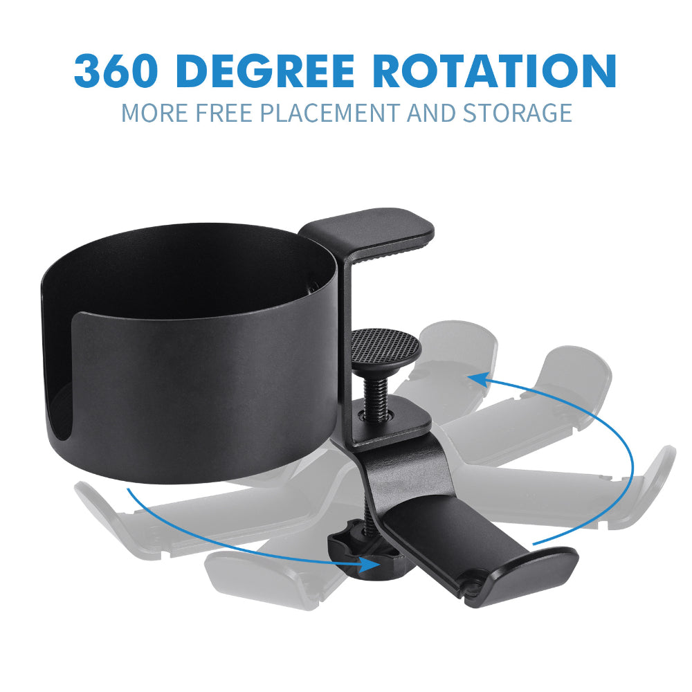 Desk Cup Holder 2 in 1 Desk Cup Holder with Headphone Hanger Adjustable Clamp Headset Hook Bottle Holder 360 Rotation