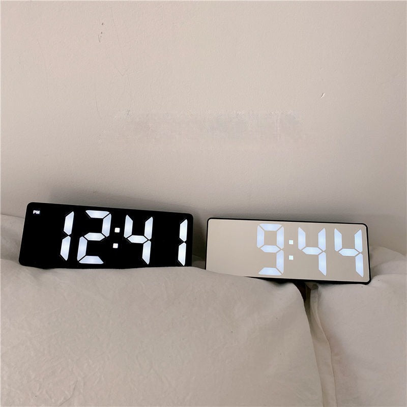 Japanese simple black and white mirror LED digital clock sound control alarm clock dormitory bedside desktop screen digital clock temperature calendar electronic luminous bedside