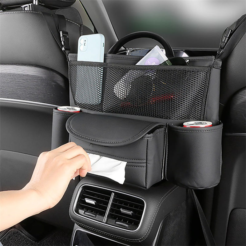 Car Seat Back Organizer Durable Leather Car Handbag Holder Between Seats with 2 Cup Holders