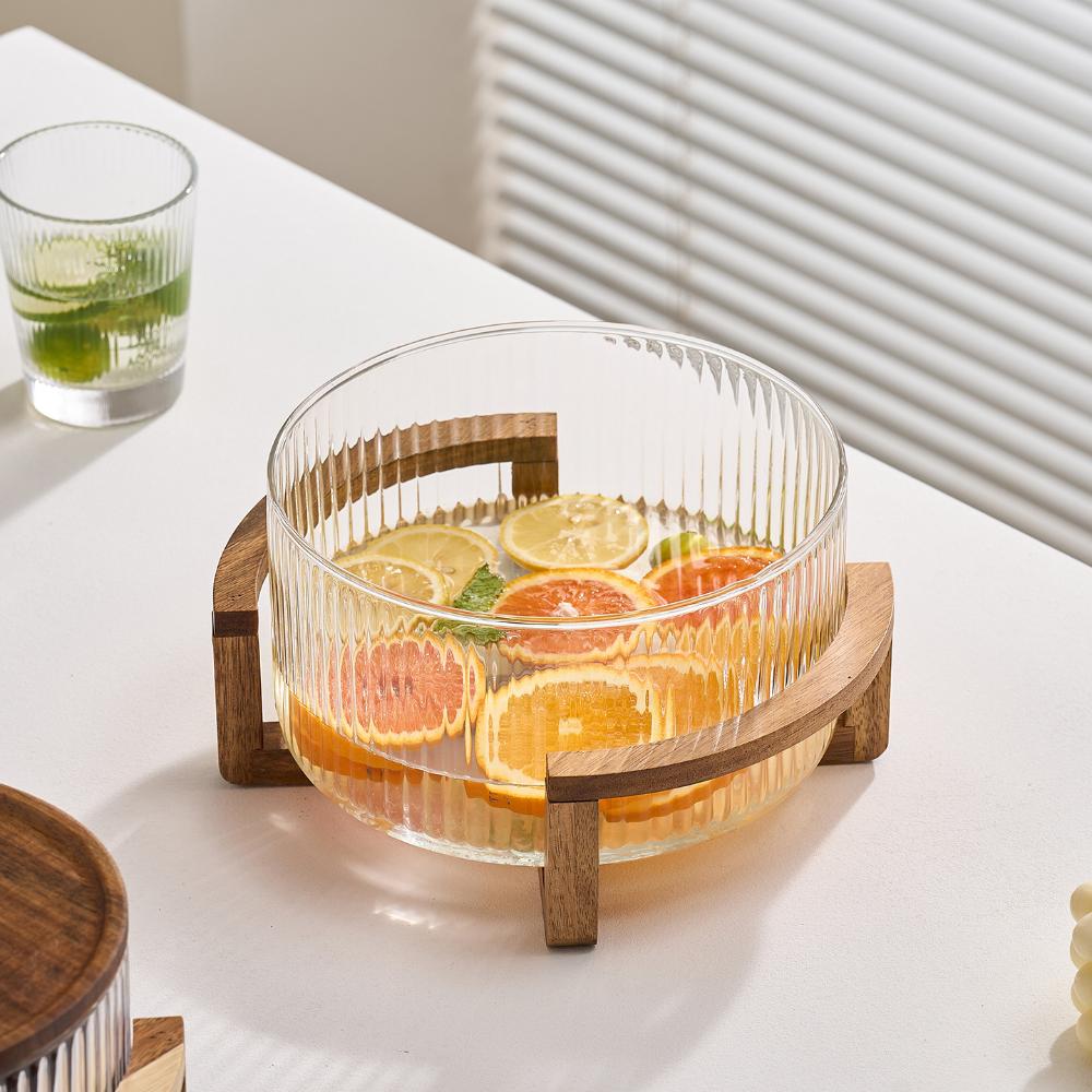 1Pc Ribbed Glass Salad Bowl with Wooden Stand，Mixing Bowl for Serving Salad, Fruits, Pasta & Desserts，Elegant Glass