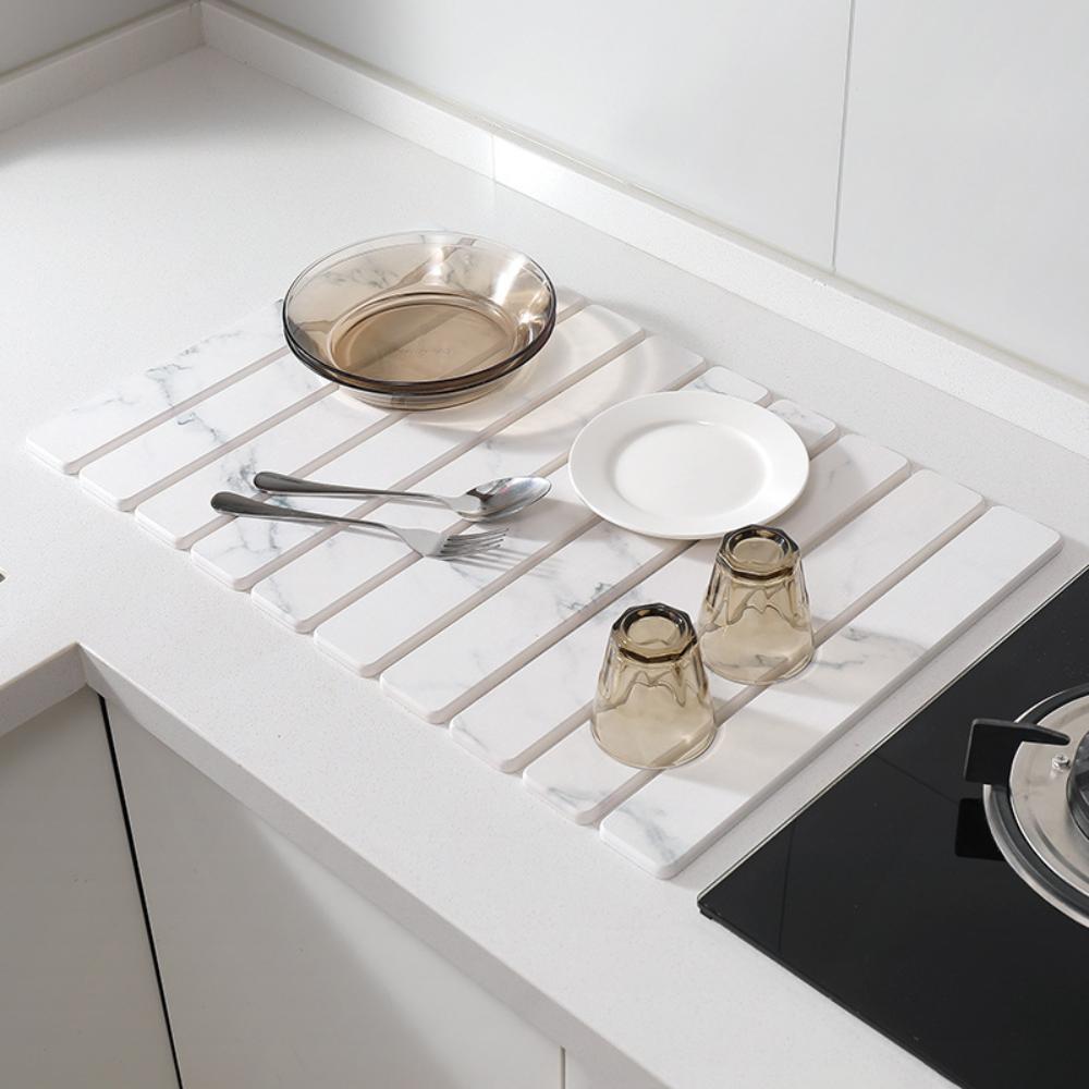 Diatomite Dish Drying Mat - Super Absorbent Foldable Kitchen & Bath Mat, Non-Slip Quick Dry Stone Table Decor for Dishes