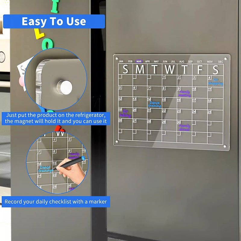 Acrylic Magnetic Calendar Set with 4 Markers Pen Holder Reusable Dry Erase Clear Acrylic Fridge Board Calendar