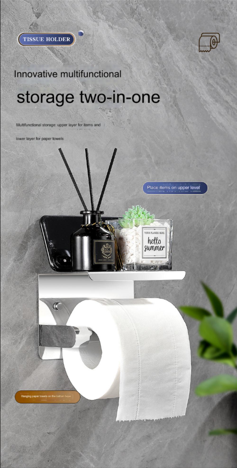 Toilet Paper Holder with Shelf Rustproof SUS304 Matte Toilet Paper Holder Wall Mount, Toilet Paper Roll Holder