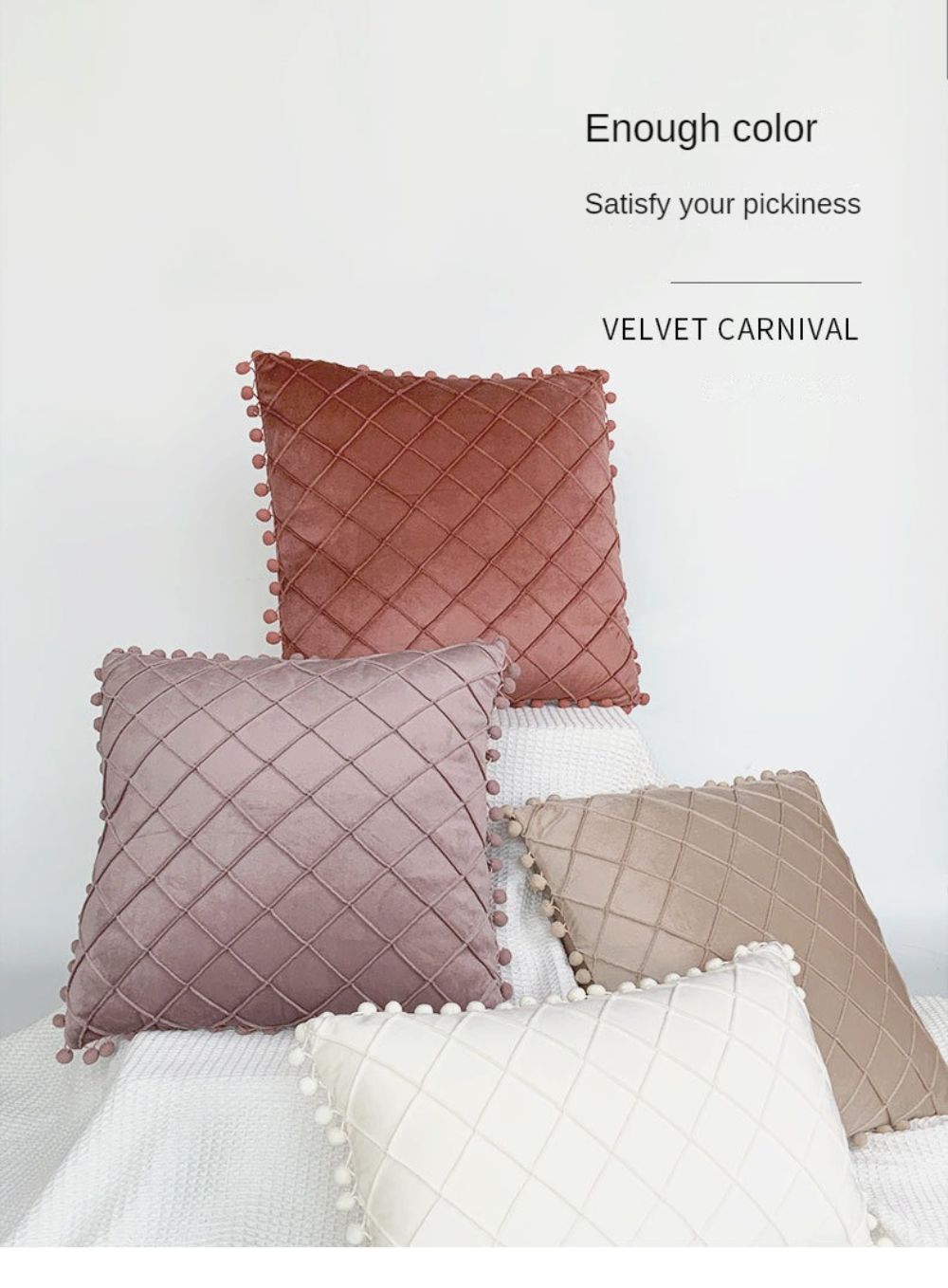 Velvet with Ball Diamond Check Cushion Cover with Zipper Sofa Throw Pillow Cover Home Decoration Square Bolster Case