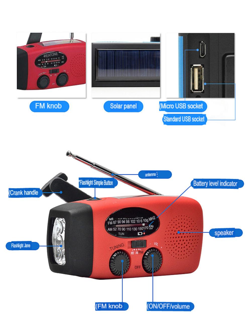 Multifunctional Hand Crank Dynamo Emergency Radio Portable Solar Powered AM/FM/NOAA Weather Radio LED Flashlight